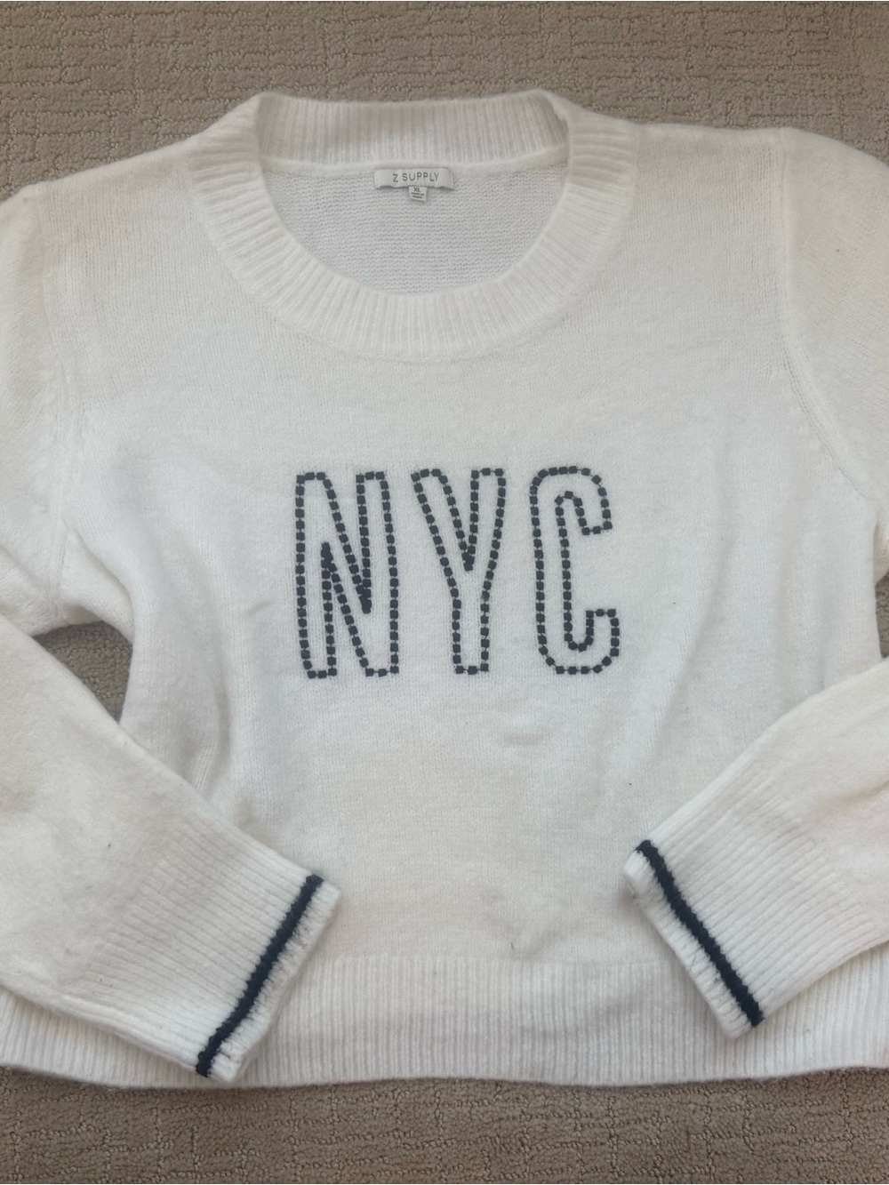 Z Supply White Crewneck Sweater with Navy NYC Stitching